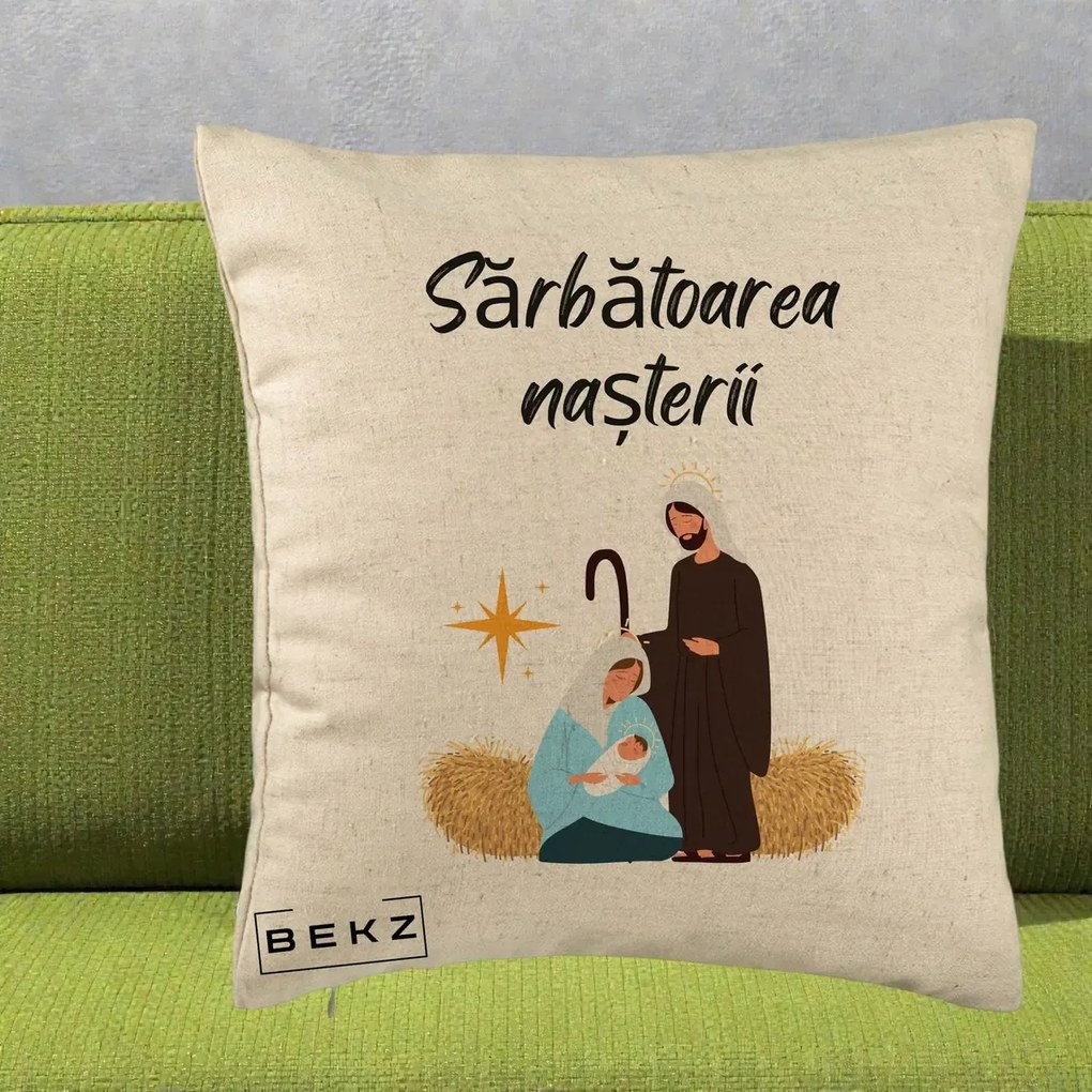 Perna Decorativa Nasterea Domnului Sfanta Familie Sarbatoarea Nasterii, 40x40 cm, Bej, Husa Detasabila, Perna Inclusa, BEKZ®