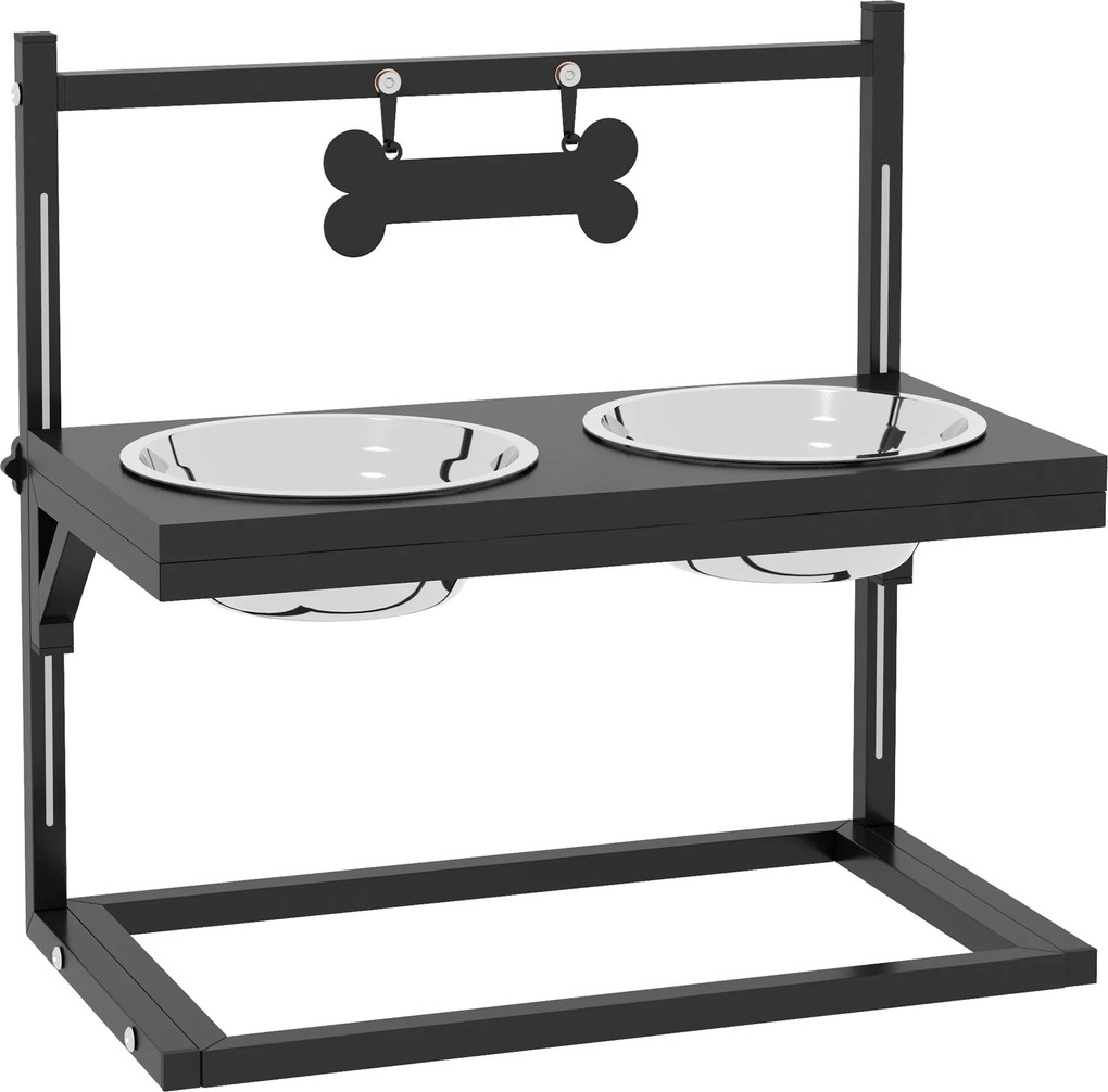 PawHut Boluri pentru Câini cu Înălțime Reglabilă și Plăcuță de Identificare, 2 Boluri din Oțel pentru Apă și Mâncare, 40.5x22x39 cm, Negru