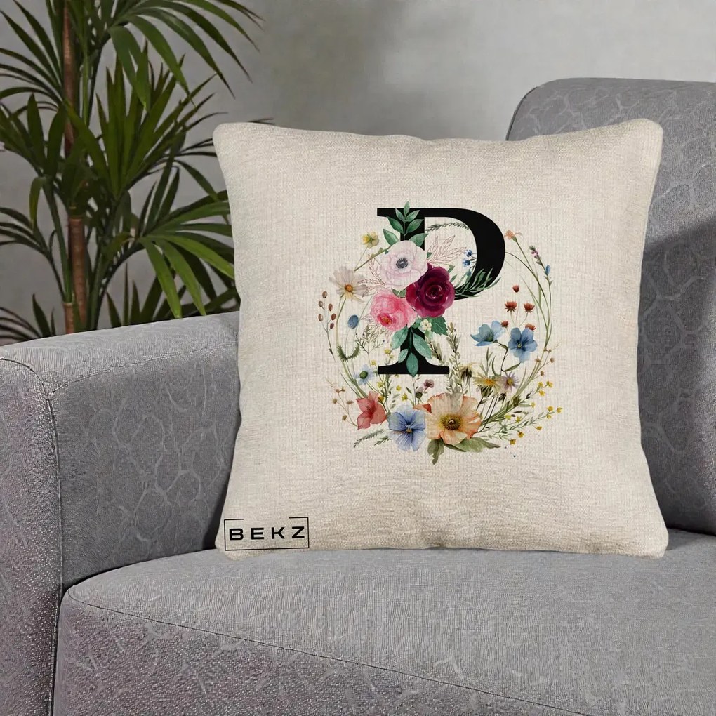 Cadou Personalizat - Perna Personalizata Monogram Litera P cu Flori Acuarela, 40x40 cm, Bej Canapea, Husa Detasabila, Perna Inclusa, BEKZ®