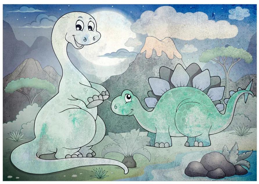 Fototapet - Dinozauri pentru copii - Diplodocus și Stegosaurus pe fundalul unui vulcan