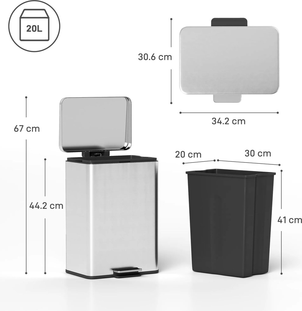 HOMCOM Coș de gunoi dreptunghiular cu pedală 20 L din metal, cu găleată interioară detașabilă și închidere lentă, argintiu | Aosom Romania