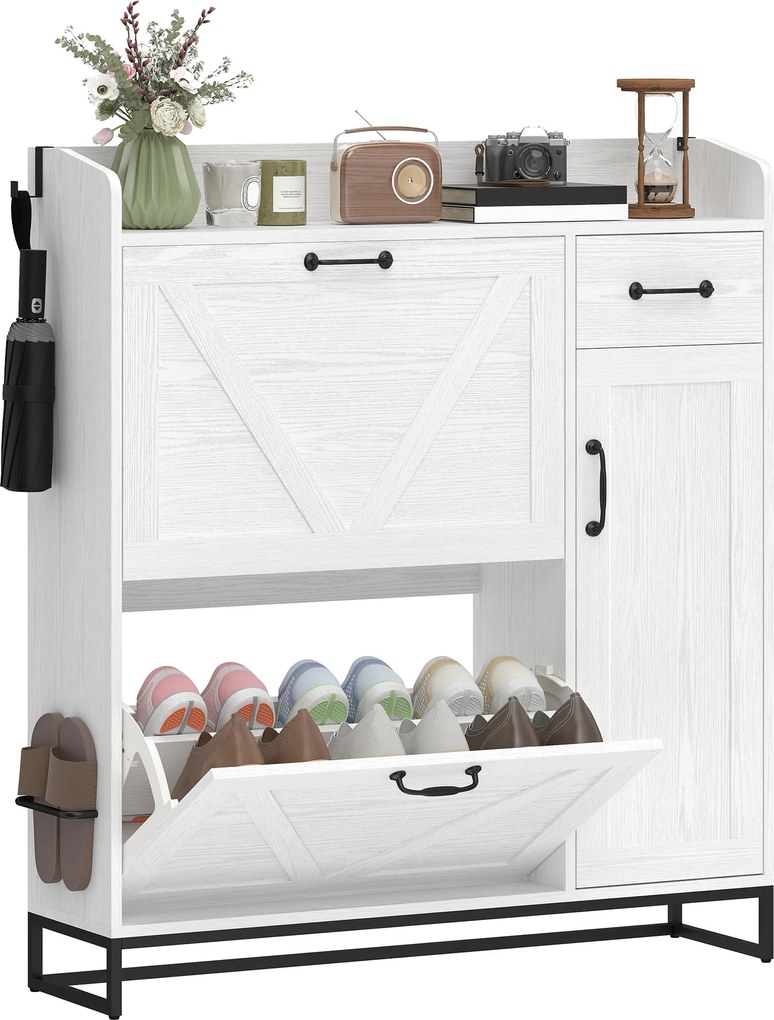HOMCOM Pantofar îngust cu 2 sertare basculante și polițe reglabile pentru 12 perechi, pentru spații reduse, 106,7x26x116 cm, Alb | Aosom Romania