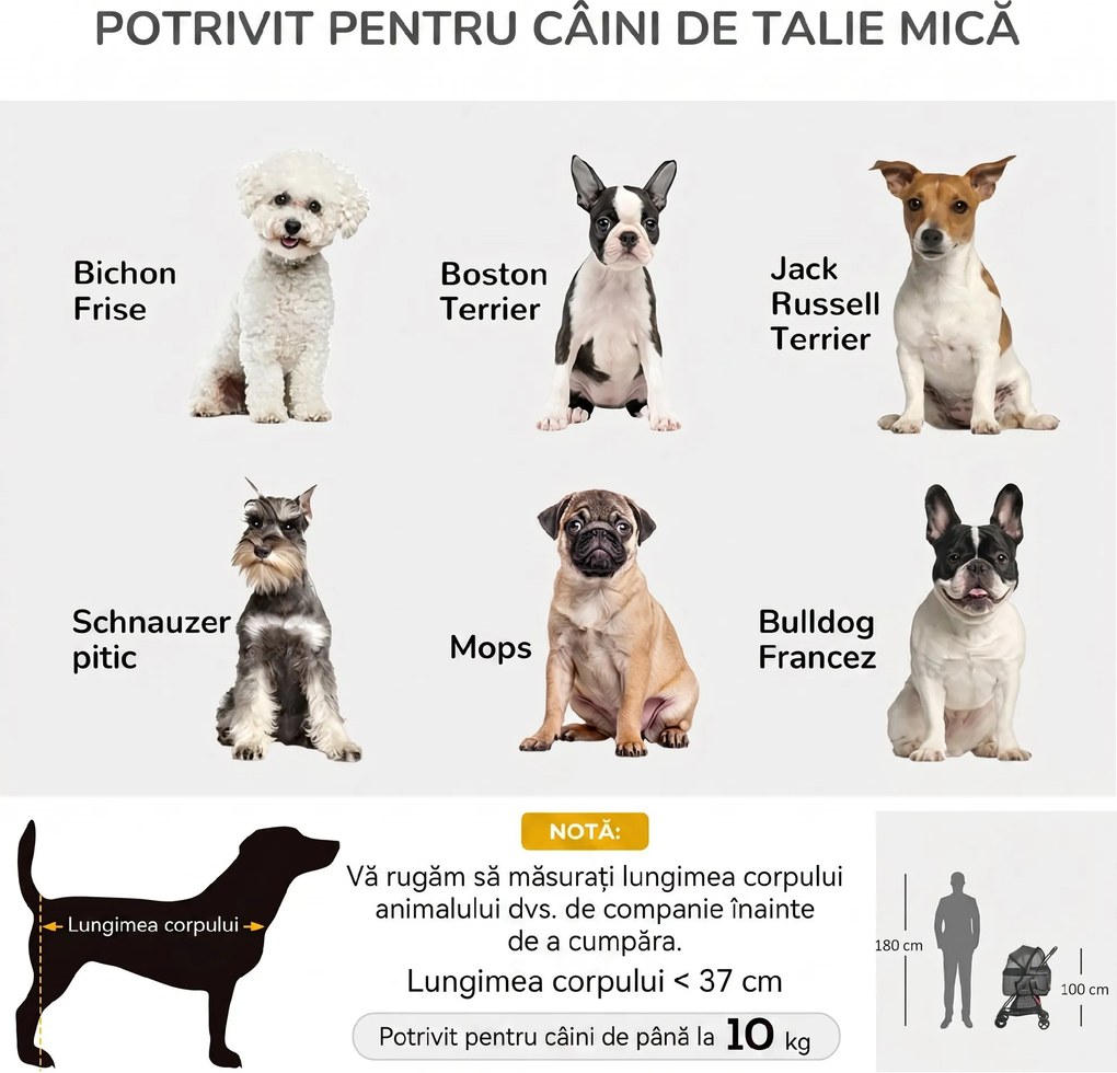 PawHut Cărucior 3 în 1 pentru Câini, Cărucior pentru Animale de Companie cu Lesă, Pernă, Coș și Baldachin, 76x51x100 cm, Gri | Aosom Romania