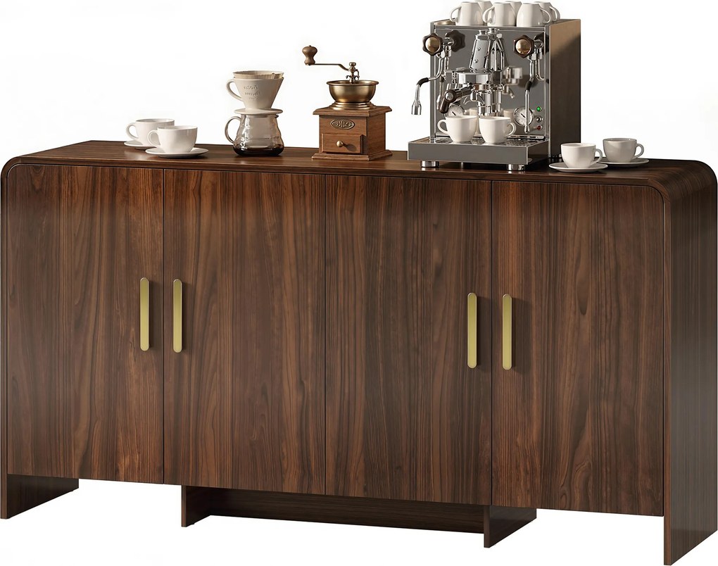 HOMCOM Bufet bucătărie, corp de depozitare cu 4 uși cu închidere amortizată, 4 compartimente și margini rotunjite, 152x40x80 cm, nuc | Aosom Romania