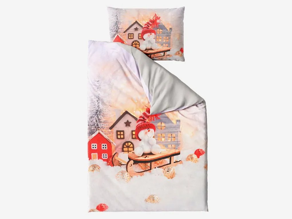Lenjerie de pat 3D din bumbac SNOWMAN ON A SLEIGH gri, 100% bumbac Dimensiune lenjerie de pat: 70 x 90 cm | 140 x 200 cm
