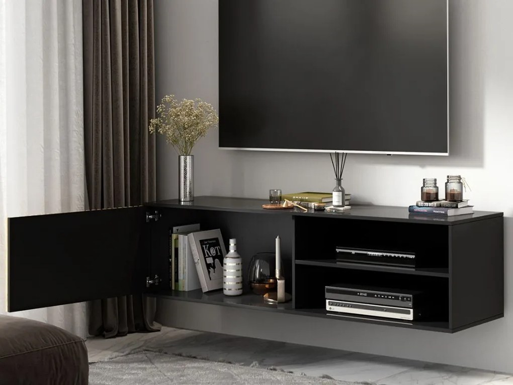OFERTA Dulap TV suspendat MEORATI 150x40 cm, negru/stejar artizanat Calitatea II.