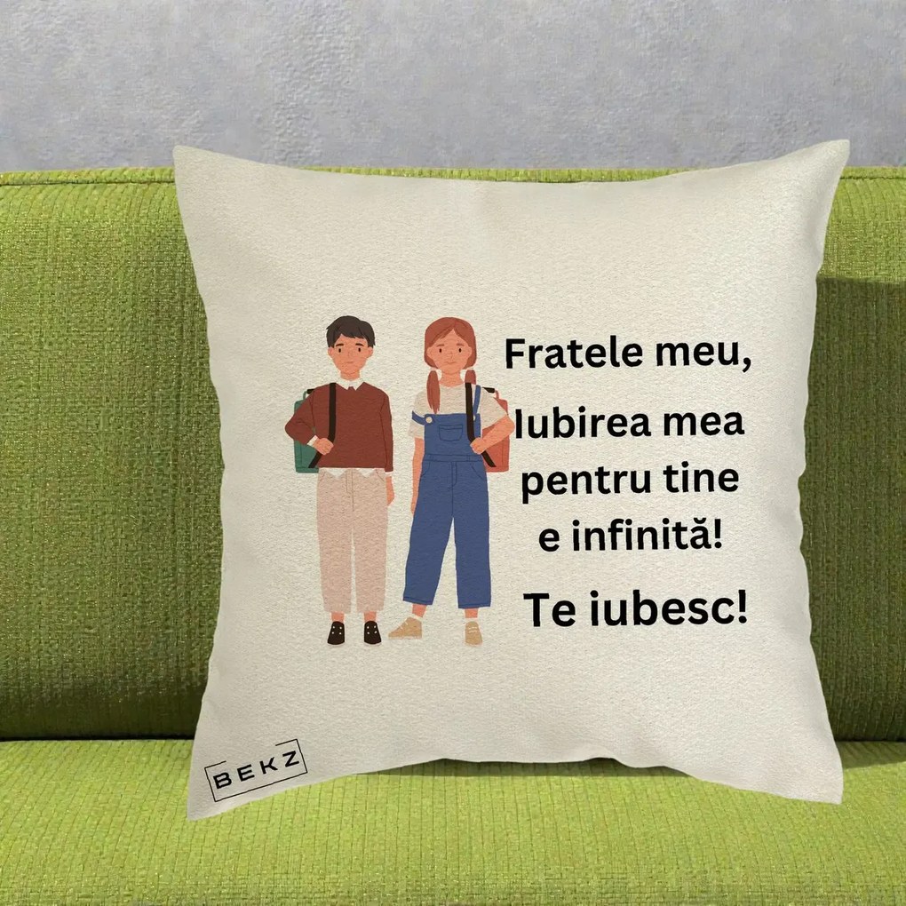 Cadou pentru Frate - Perna Personalizata Fratele Meu Te Iubesc Elevi Ilustratie Colorata, 40x40 cm, Ecru, Husa Detasabila, Perna Inclusa, BEKZ®