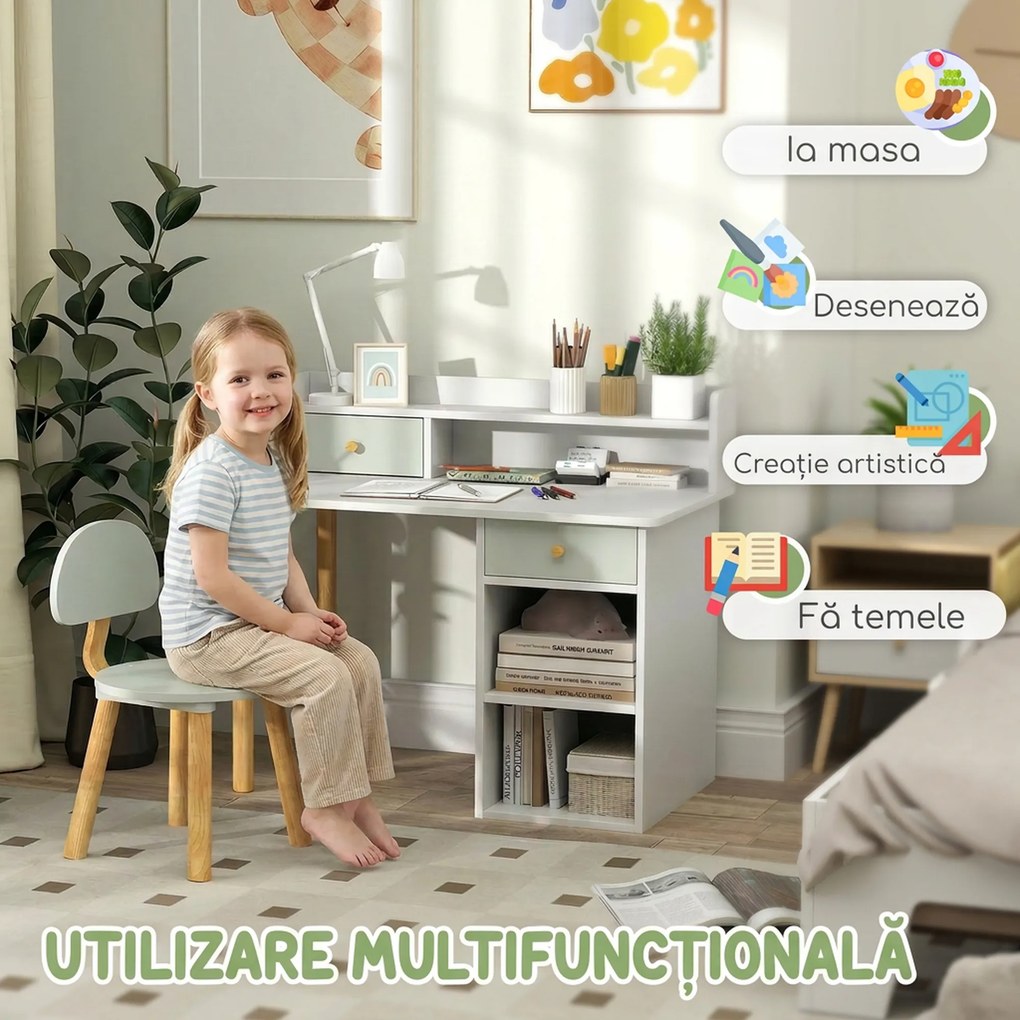 AIYAPLAY Set birou și scaun pentru copii cu 2 sertare și rafturi, din lemn, pentru cameră copii, birou, grădiniță, verde | Aosom Romania