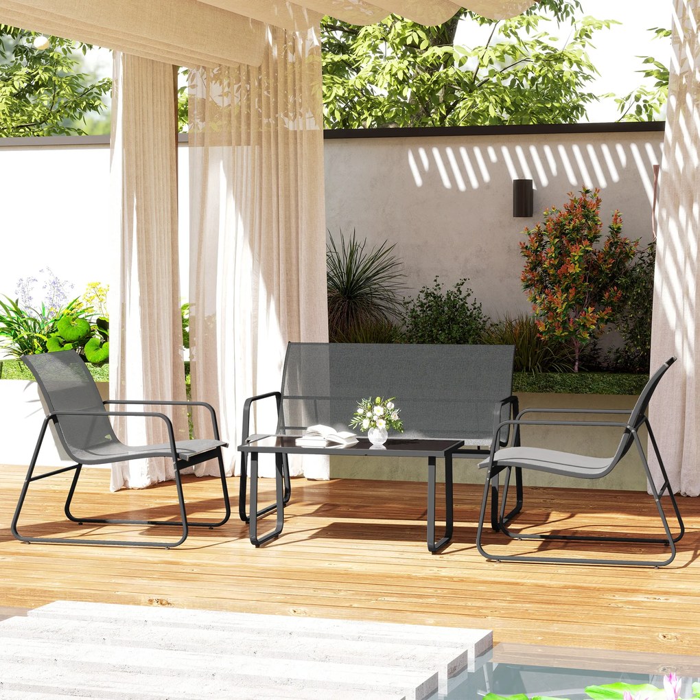 Outsunny Set Mobilier de Grădină din 4 Piese, cu Bancă de Exterior cu 2 Locuri, 2 Scaune și Măsuță de Cafea cu Blat din Sticlă Securizată, Set Mobilier de Exterior din Metal și Textilenă, Gri Deschis | Aosom Romania