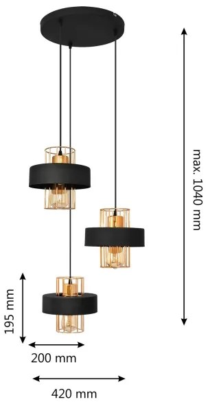 Lustră pe cablu VOLTA 3xE27/15W/230V neagră/aurie