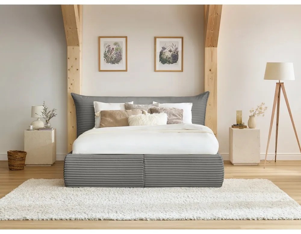 Pat matrimonial gri tapițat cu spațiu de depozitare cu somieră 180x200 cm Jade – Bobochic Paris