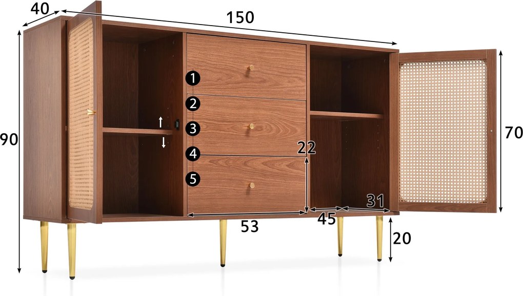 Comodă modernă cu 2 uși și 3 sertare, raft reglabil, pentru living și dormitor, 150x40x90 cm, Culoare naturală