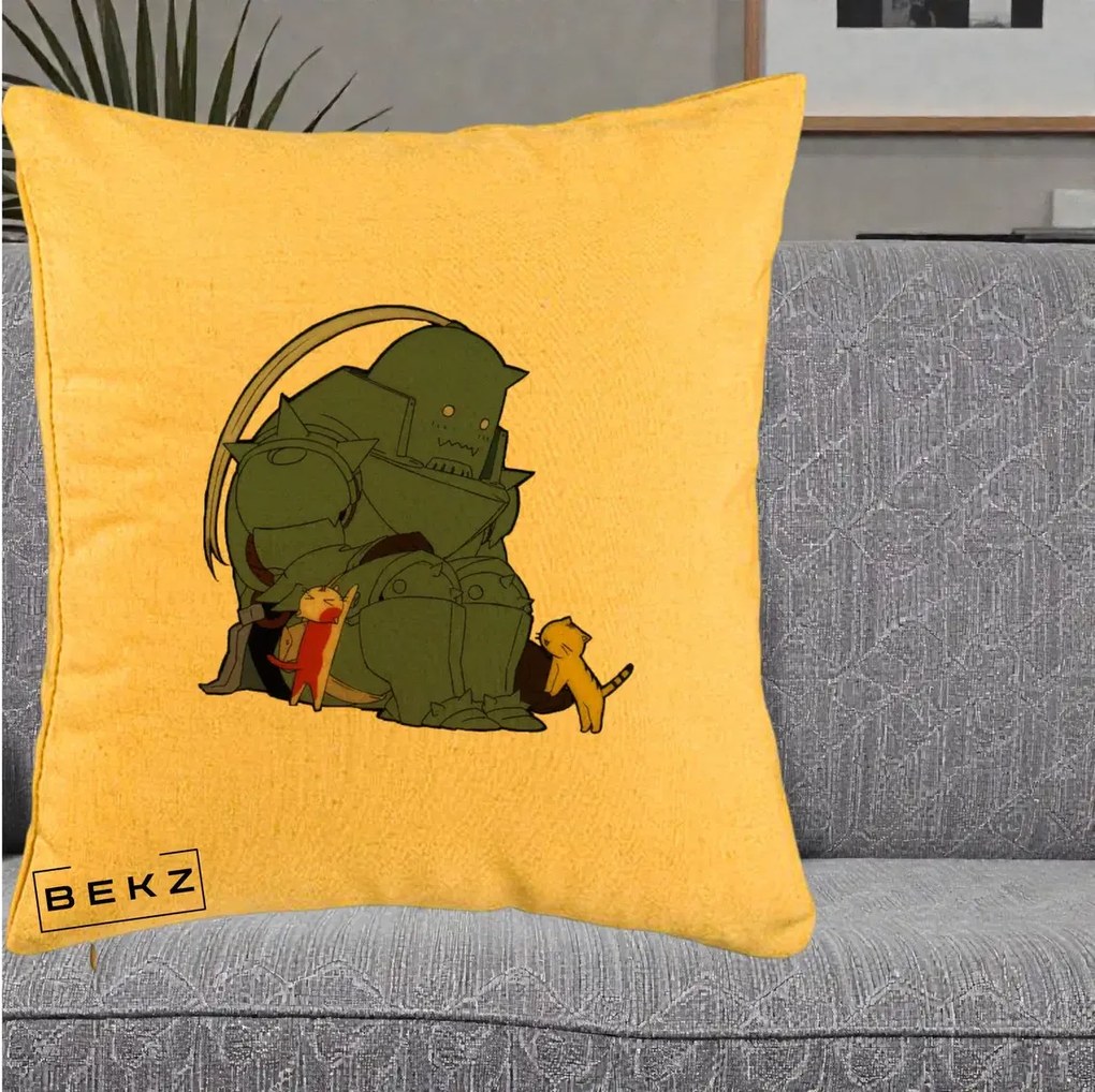 Perna Personalizata Fullmetal Alchemist Alphonse cu Pisici, 40x40 cm, Galben, Husa Detasabila, Perna Inclusa, BEKZ®