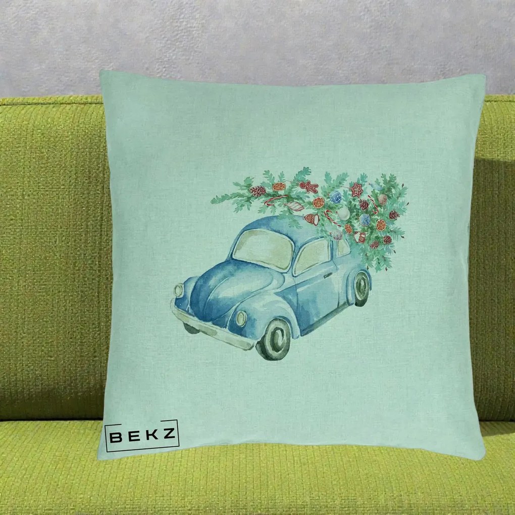 Perna Decorativa Masinuta Albastra cu Brad de Craciun, 40x40 cm, Verde Menta, Husa Detasabila, Perna Inclusa, BEKZ®