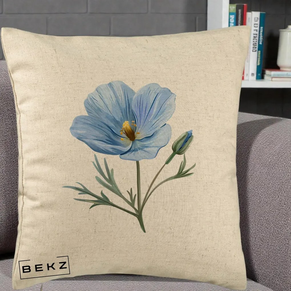 Perna Decorativa Mac Albastru Acuarela, 40x40 cm, Bej, Husa Detasabila, Perna Inclusa, BEKZ®