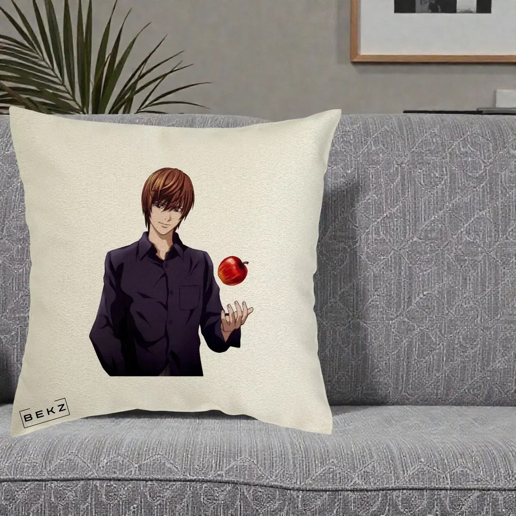 Perna Personalizata Death Note Light Yagami cu Mar, 40x40 cm, Ecru, Husa Detasabila, Perna Inclusa, BEKZ®