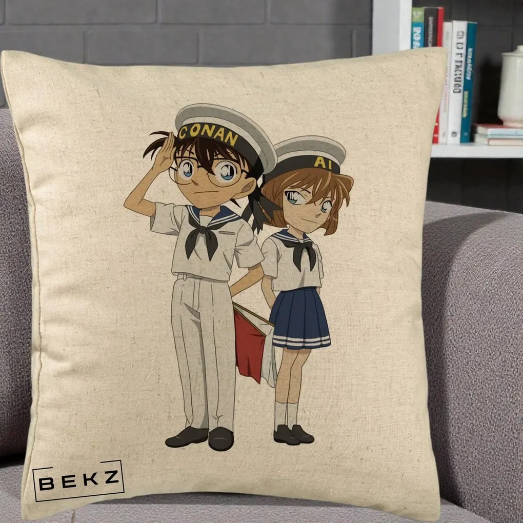 Perna Personalizata Detective Conan Conan si Ai Sailor, 40x40 cm, Bej, Husa Detasabila, Perna Inclusa, BEKZ®