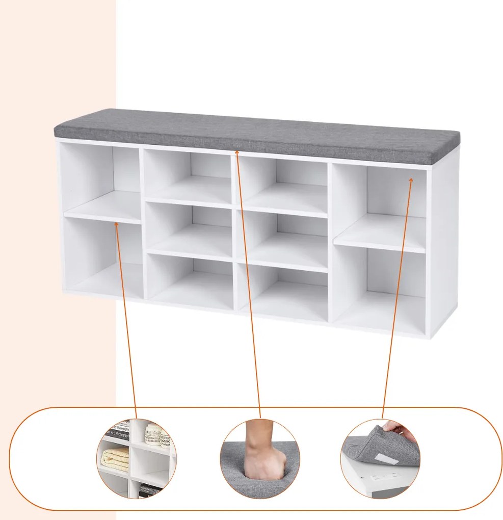 Pantofar cu bancă tapițată GABI, 10 compartimente, 104x30x48cm, gri/alb Jurhan