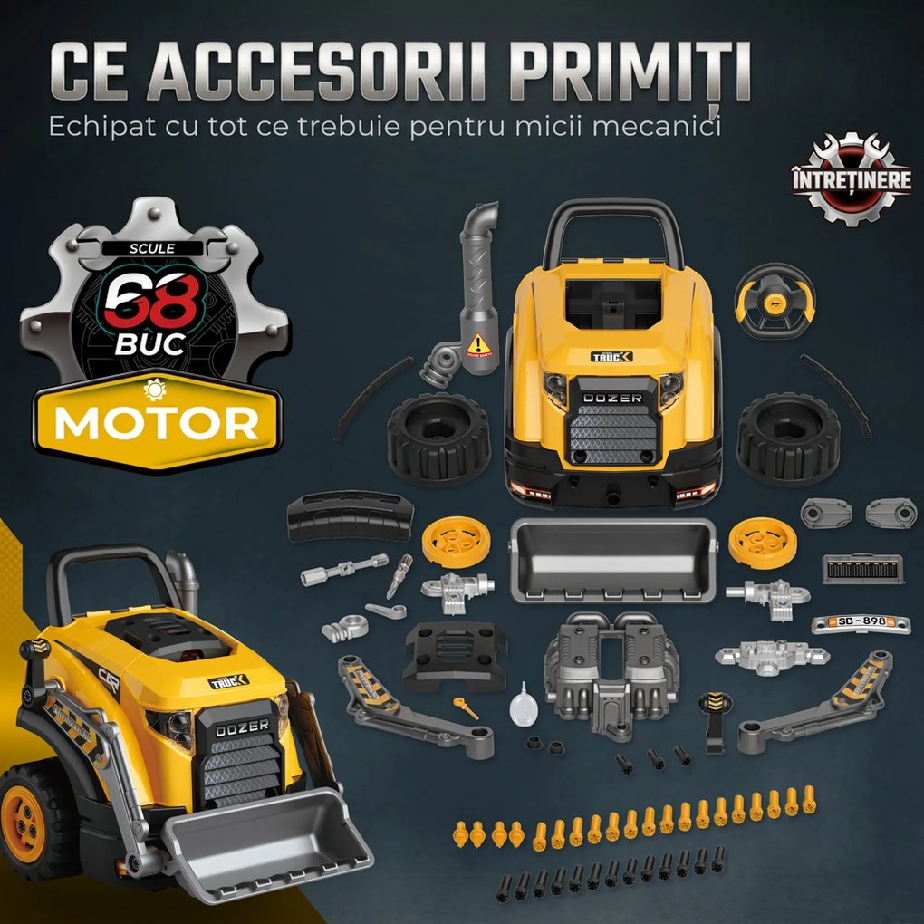 AIYAPLAY Atelier Excavator Jucărie pentru Copii cu Motor, 68 Accesorii, Efect Abur și Sunete, 46x41x47 cm, Galben | Aosom Romania