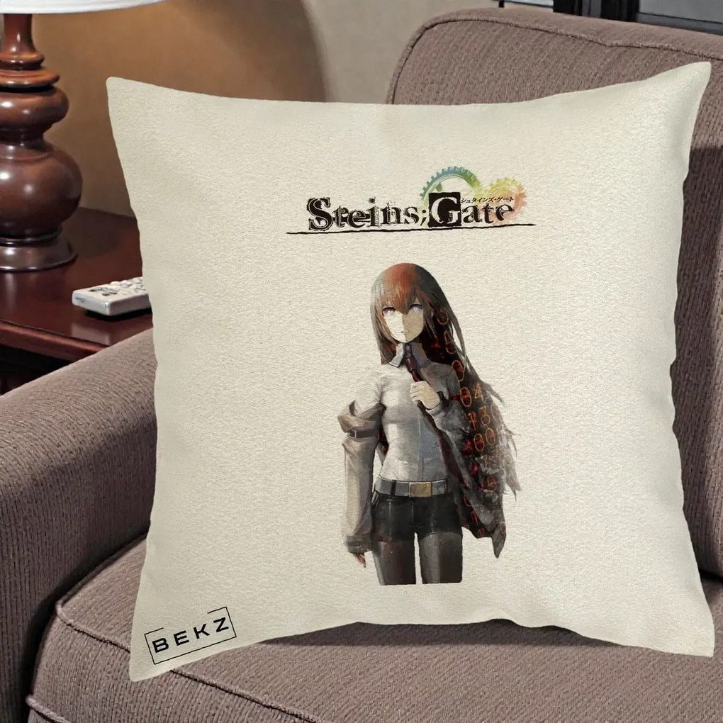 Perna Personalizata Steins Gate Kurisu Makise Anime, 40x40 cm, Ecru, Husa Detasabila, Perna Inclusa, BEKZ®