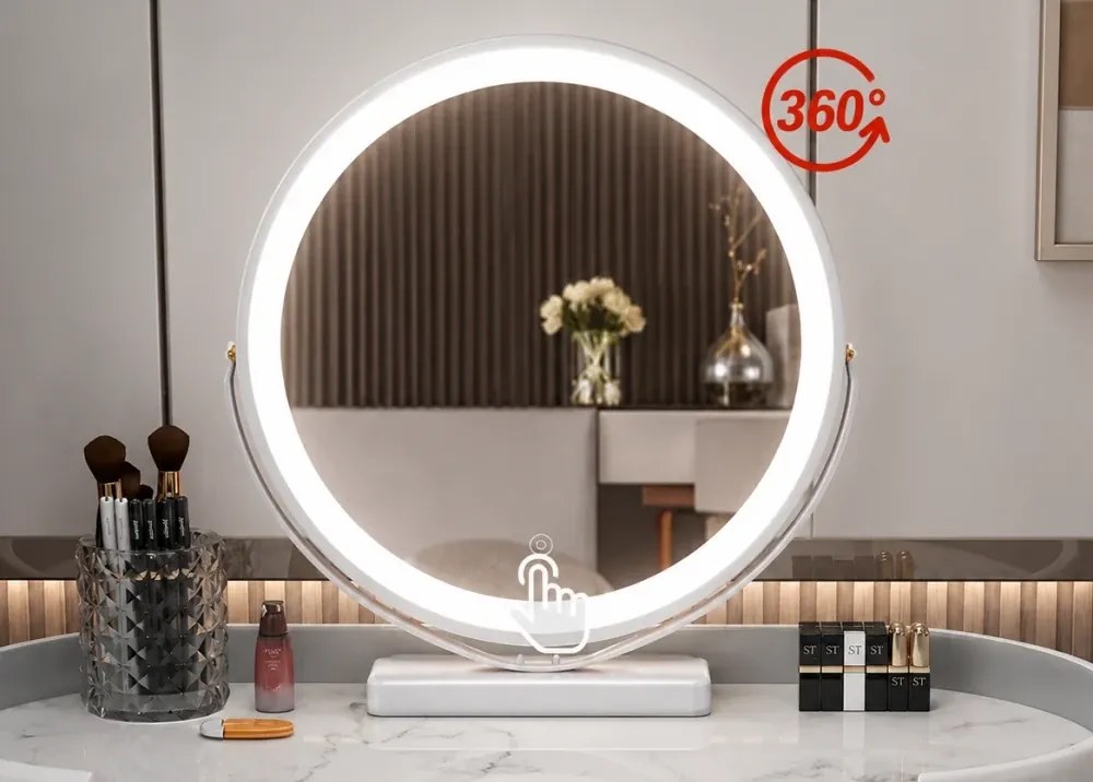 Set MARGOT LONG – Masă de Toaletă pentru Machiaj, Oglindă Alba iluminată LED, Control Touch, 6 sertare, Comoda, Scaun, Difuzor Bluetooth, Zona încărcare fără fir, Alb, 100x40x75 cm