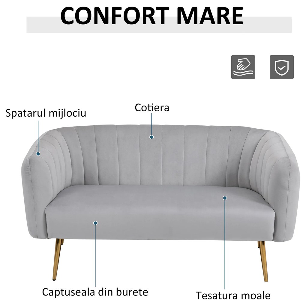 HOMCOM Canapea 2 Locuri Design Modern Captusita cu Cotiere si Spatar, Gri