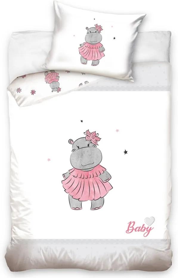 Lenjerie de pat copii, din bumbac, Hipopotam, roz, 100 x 135 cm, 40 x 60 cm