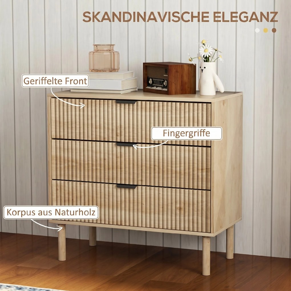 HOMCOM Comodă cu 3 Sertare, Picioare din Lemn Masiv și Design Canelat, 80x40x77,5 cm, Lemn Natural | Aosom Romania