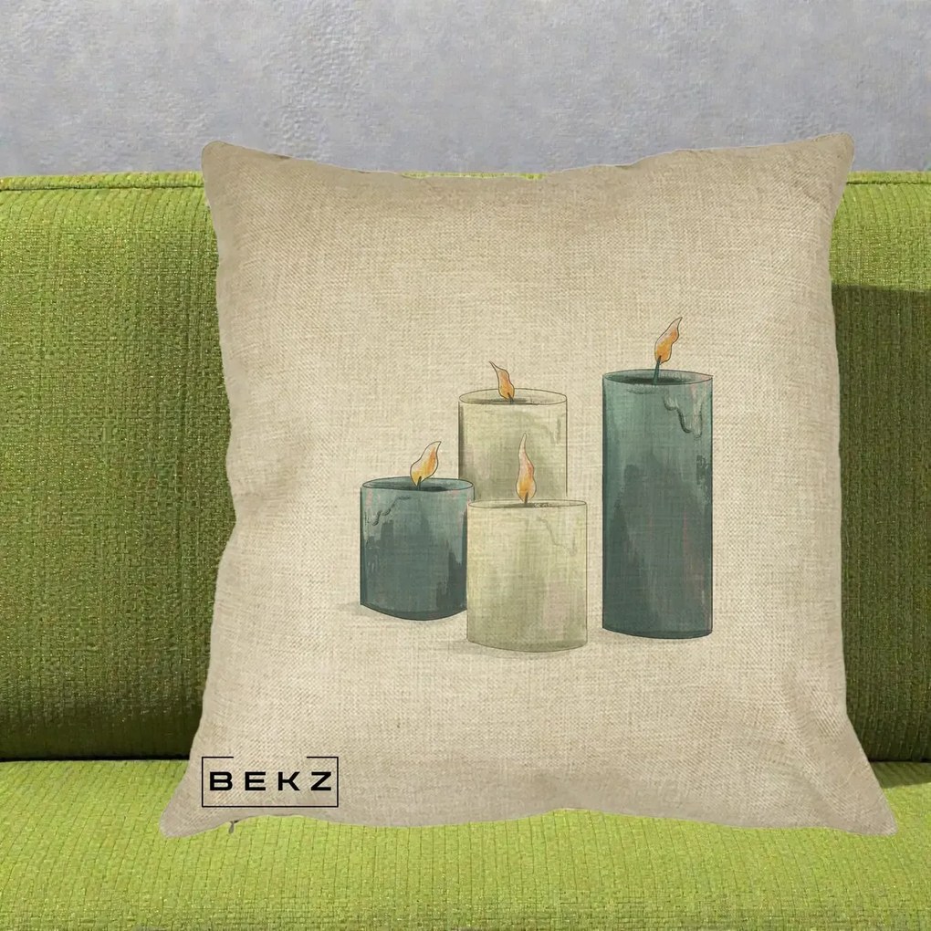 Perna Decorativa Lumanari Hygge Alb-Verde, 40x40 cm, Crem, Husa Detasabila, Perna Inclusa, BEKZ®