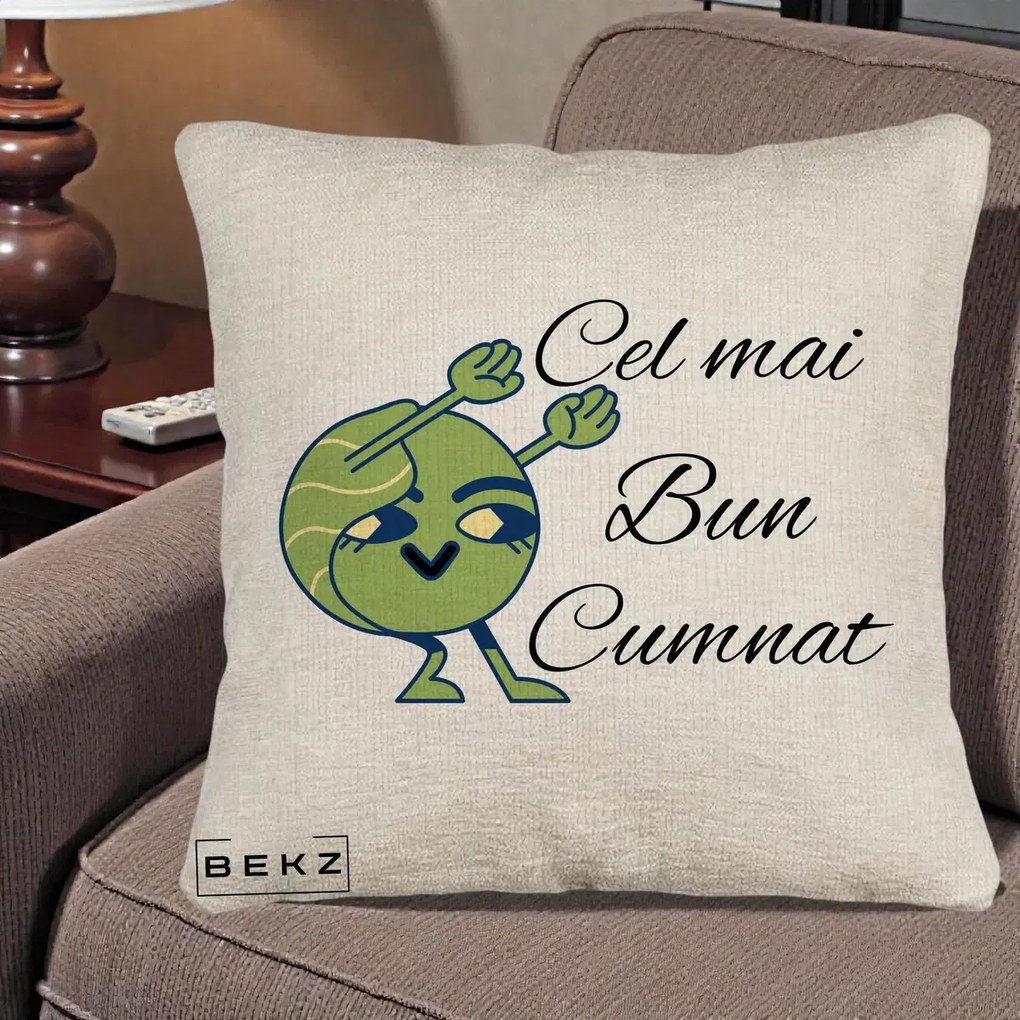 Cadou pentru Cumnat - Perna Personalizata Cel mai Bun Cumnat cu Personaj Funny Verde, 40x40 cm, Bej Canapea, Husa Detasabila, Perna Inclusa, BEKZ®