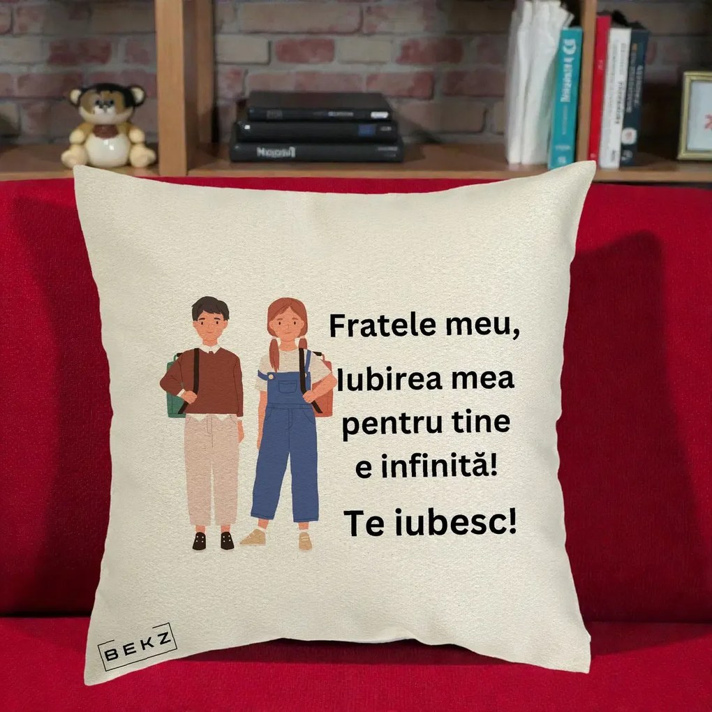 Cadou pentru Frate - Perna Personalizata Fratele Meu Te Iubesc Elevi Ilustratie Colorata, 40x40 cm, Ecru, Husa Detasabila, Perna Inclusa, BEKZ®