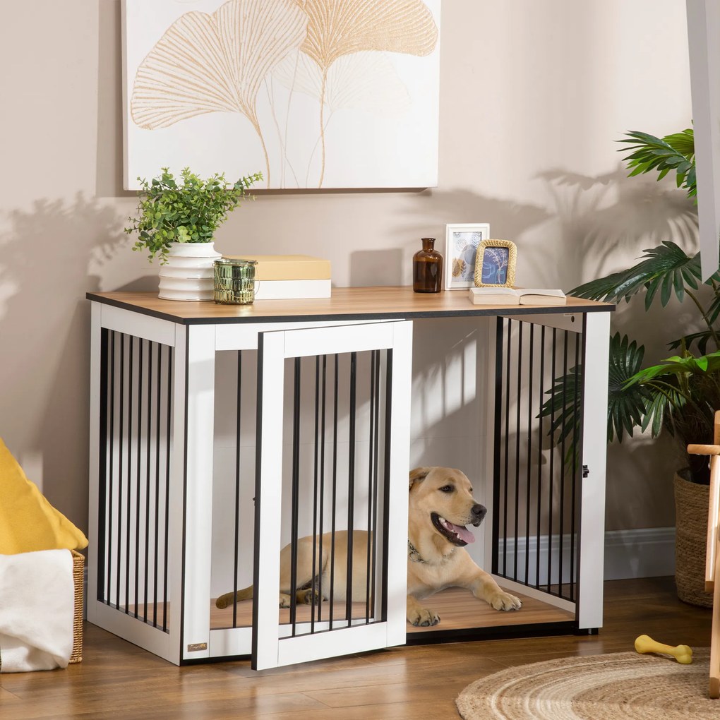 PawHut Cușcă pentru câini, Cușca pentru animale de companie pentru câini mari, Casă pentru câini, Interior, 106 x 60 x 76 cm, Stejar+Alb | Aosom Romania