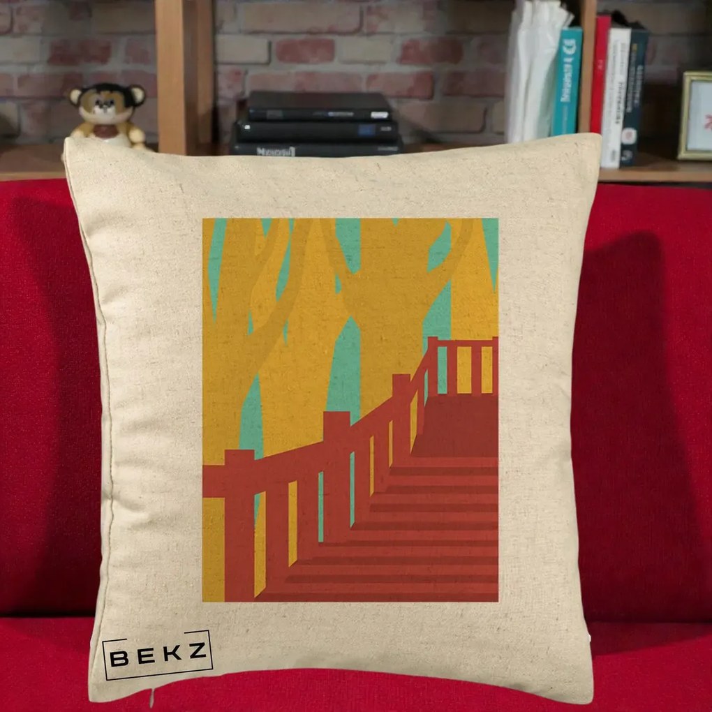 Perna Decorativa Scari Toamna Peisaj Grafic, 40x40 cm, Bej, Husa Detasabila, Perna Inclusa, BEKZ®