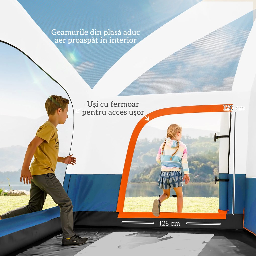 Outsunny Cort de Camping pentru 4-6 Persoane cu 2 Camere, Verandă și Geantă de Transport, 430x305x195 cm, Albastru | Aosom Romania