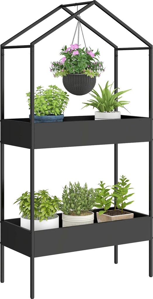Outsunny Suport plante 2 niveluri în formă de casă, înalt 150 cm, suport flori cu cârlig, metal, Negru | Aosom Romania