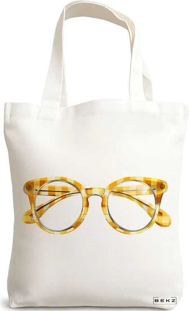 Sacosa de Panza pentru Cumparaturi, Geanta Tote, model Yellow Glasses 38 x 34.5 cm, Alba, BEKZ®