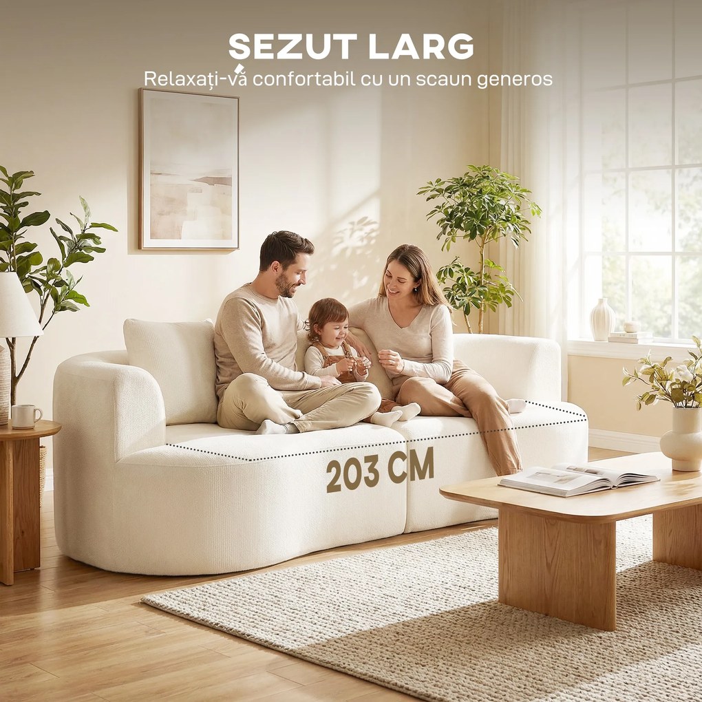 HOMCOM Canapea 3 Locuri Modulară 260cm Fără Structură cu Șezut Generos, Pernă Groasă, 3 Perne, din Catifea, Crem | Aosom Romania