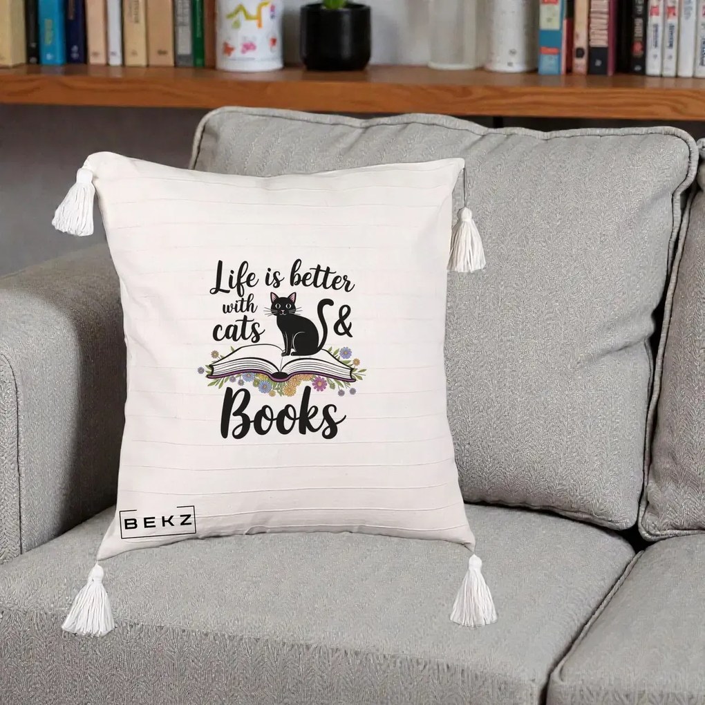 Perna Personalizata Life is Better Cats and Books, 40x40 cm, Bej cu Franjuri, Husa Detasabila, Perna Inclusa, BEKZ®