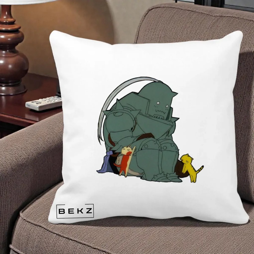 Perna Personalizata Fullmetal Alchemist Alphonse cu Pisici, 40x40 cm, Alba Mata, Husa Detasabila, Perna Inclusa, BEKZ®