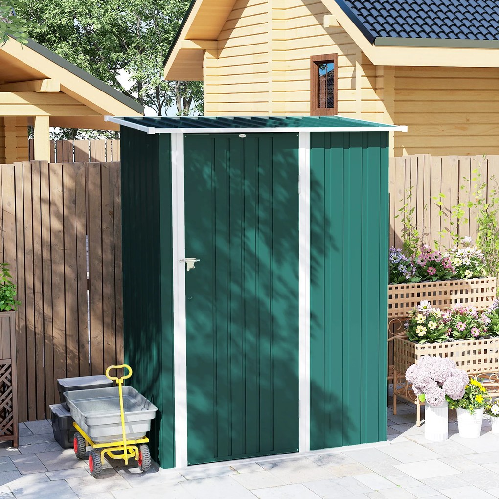 Outsunny Magazie de Grădină 1.07m² din Oțel Zincat, Căsuță pentru Depozitare cu Ușă Blocabilă, Acoperiș Înclinat, 142x86x189 cm, Verde | Aosom Romania