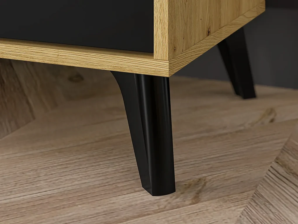 Comoda cu 3 sertare si 1 usa, stejar artisan negru, 138x83x40 cm, modern ,model pe mijloc usa, picioare negre , pentru living , dormitor, hol stejar