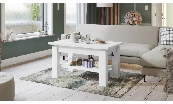 Masă extensibilă ADONIS, pentru living și dining, cu poliță, albă