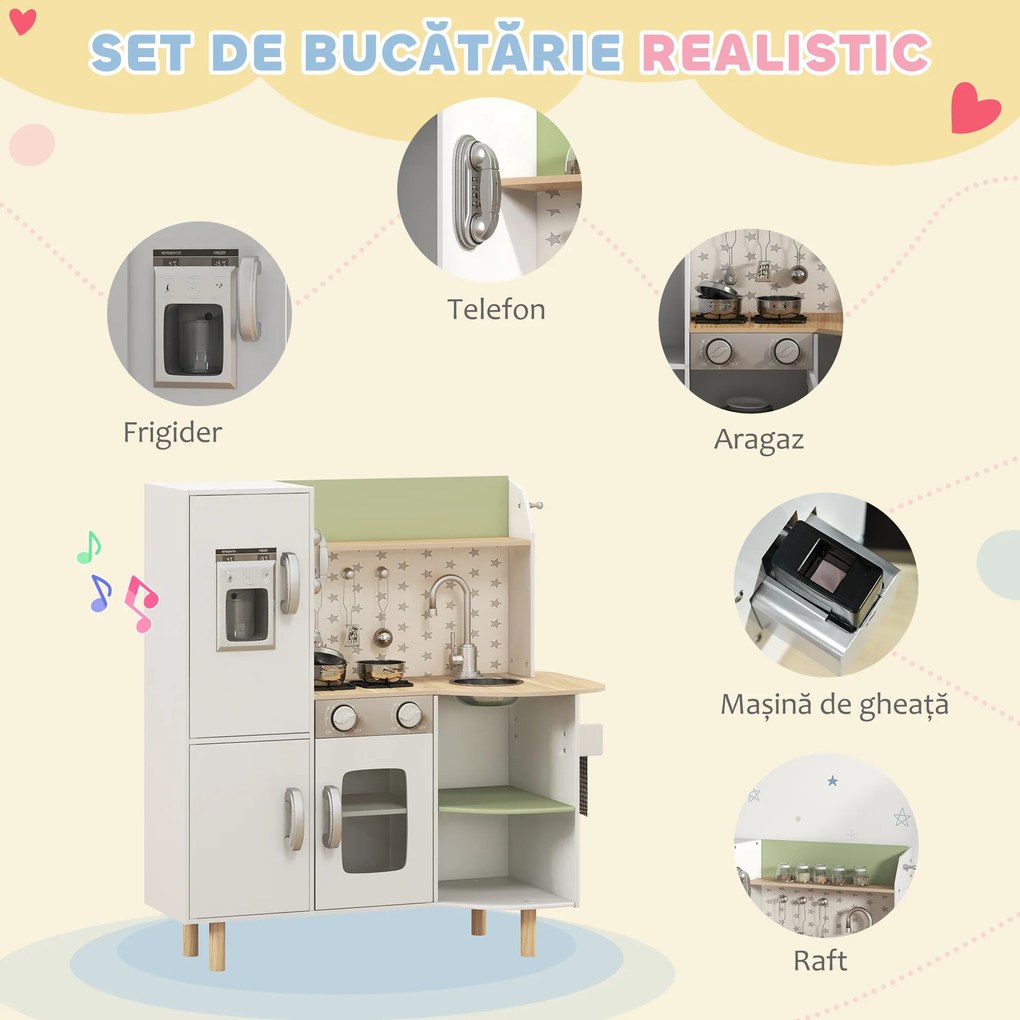 AIYAPLAY Set de Joaca de Bucatarie de Jucarie, cu Telefon, Aparat de Gheata, Aragaz, Chiuveta, Ustensile, pentru Copii de 3-6 ani, Alb | Aosom Romania