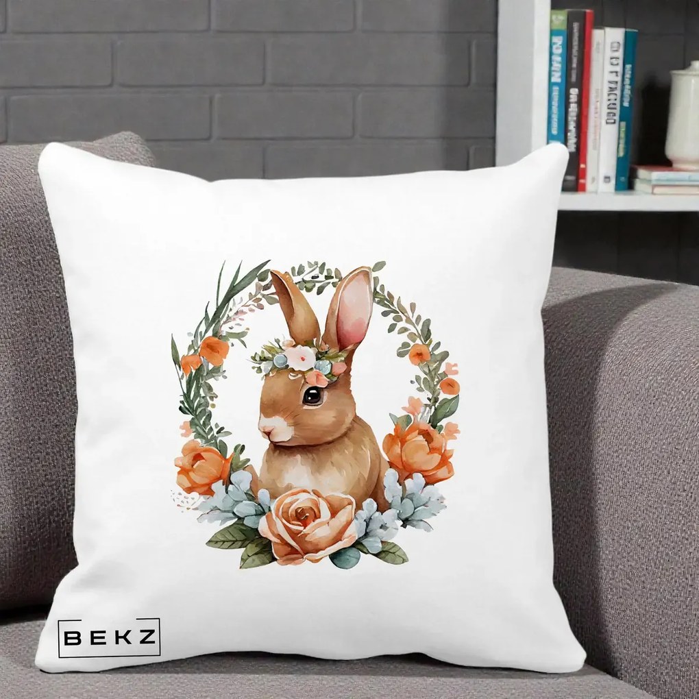 Perna Decorativa Iepuras Floral Coronita Acuarela, 40x40 cm, Alba Mata, Husa Detasabila, Perna Inclusa, BEKZ®