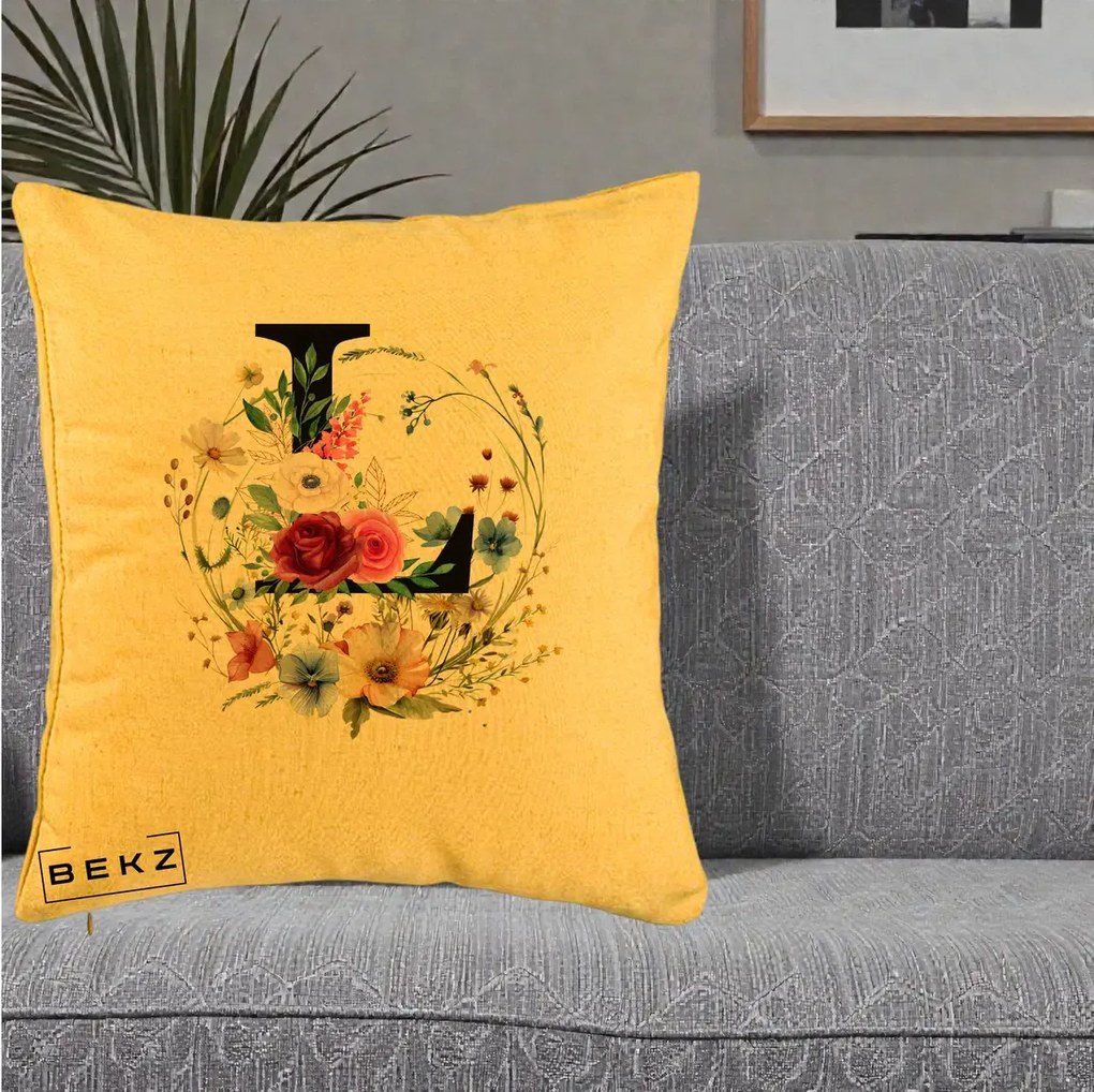 Cadou Personalizat - Perna Personalizata Monogram Litera L cu Flori Acuarela, 40x40 cm, Galben, Husa Detasabila, Perna Inclusa, BEKZ®
