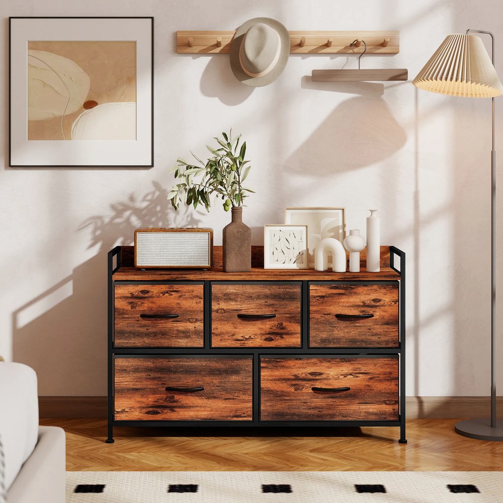 HOMCOM Comodă, mobilier de depozitare cu 5 sertare pliabile din țesătură, blat și cadru din oțel, 98 x 29 x 63 cm, maro rustic | Aosom Romania