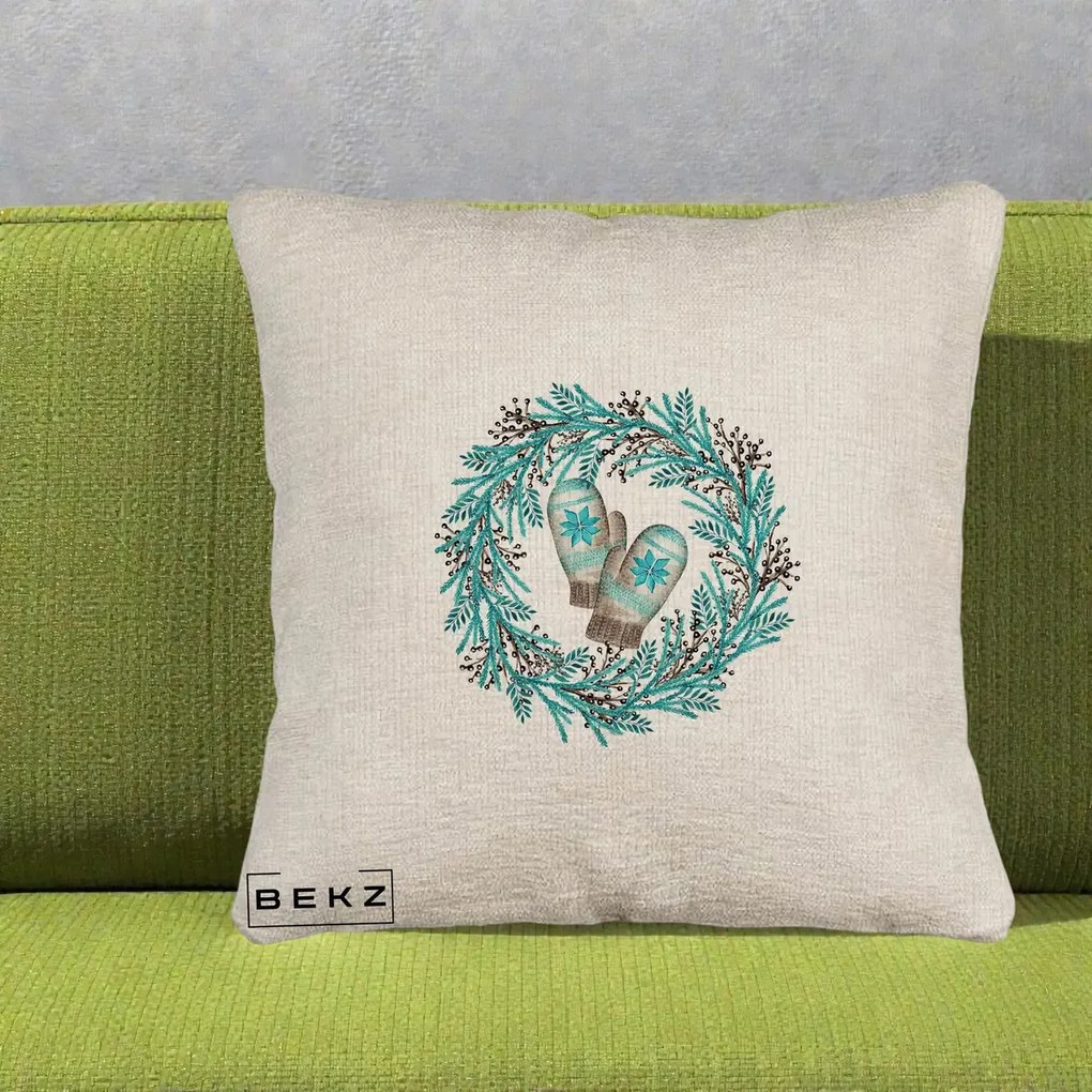 Perna Decorativa Coroana Turcoaz cu Manusi, 40x40 cm, Bej Canapea, Husa Detasabila, Perna Inclusa, BEKZ®