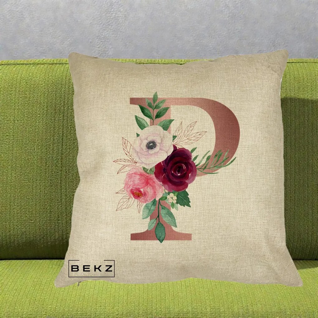 Cadou Personalizat - Perna Personalizata Monograma Rose Gold Litera P, 40x40 cm, Crem, Husa Detasabila, Perna Inclusa, BEKZ®