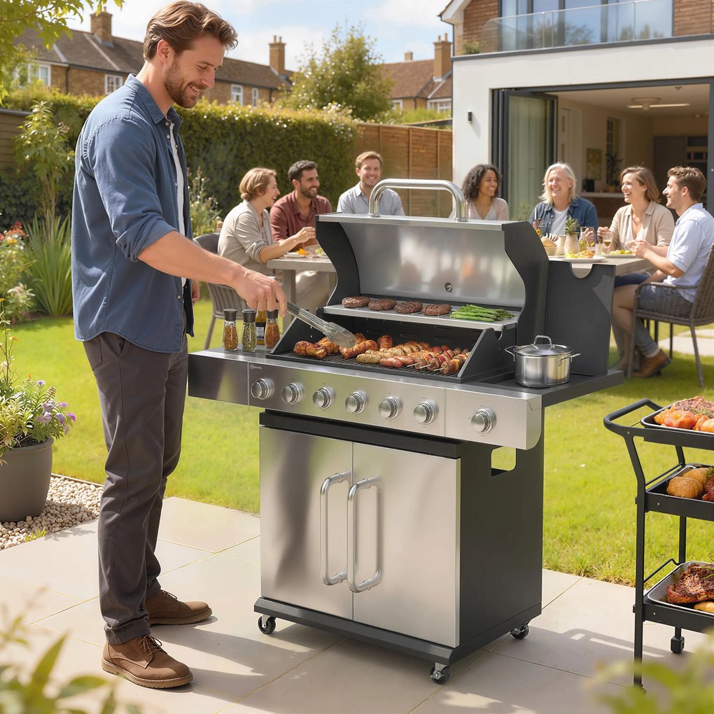 Outsunny Grătar pe gaz 18,6 kW 6+1 arzătoare, cărucior BBQ din oțel inoxidabil cu roți, termometru, raft încălzire, masă laterală, dulap inferior | Aosom Romania
