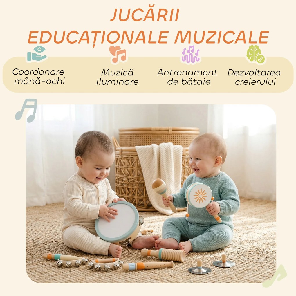 AIYAPLAY Instrumente Muzicale pentru Copii, Jucării Muzicale Montessori din Lemn pentru Copii 3+, Set de Percuție cu Tamburină și Maracas, Cadou pentru Fete și Băieți | Aosom Romania